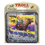 The Coasters: Troll Norway Rolf Lidberg Collection (4-Pack) features vibrant art of three children riding a moose through a forest—an ideal Scandinavian folklore gift for fans of whimsical designs.