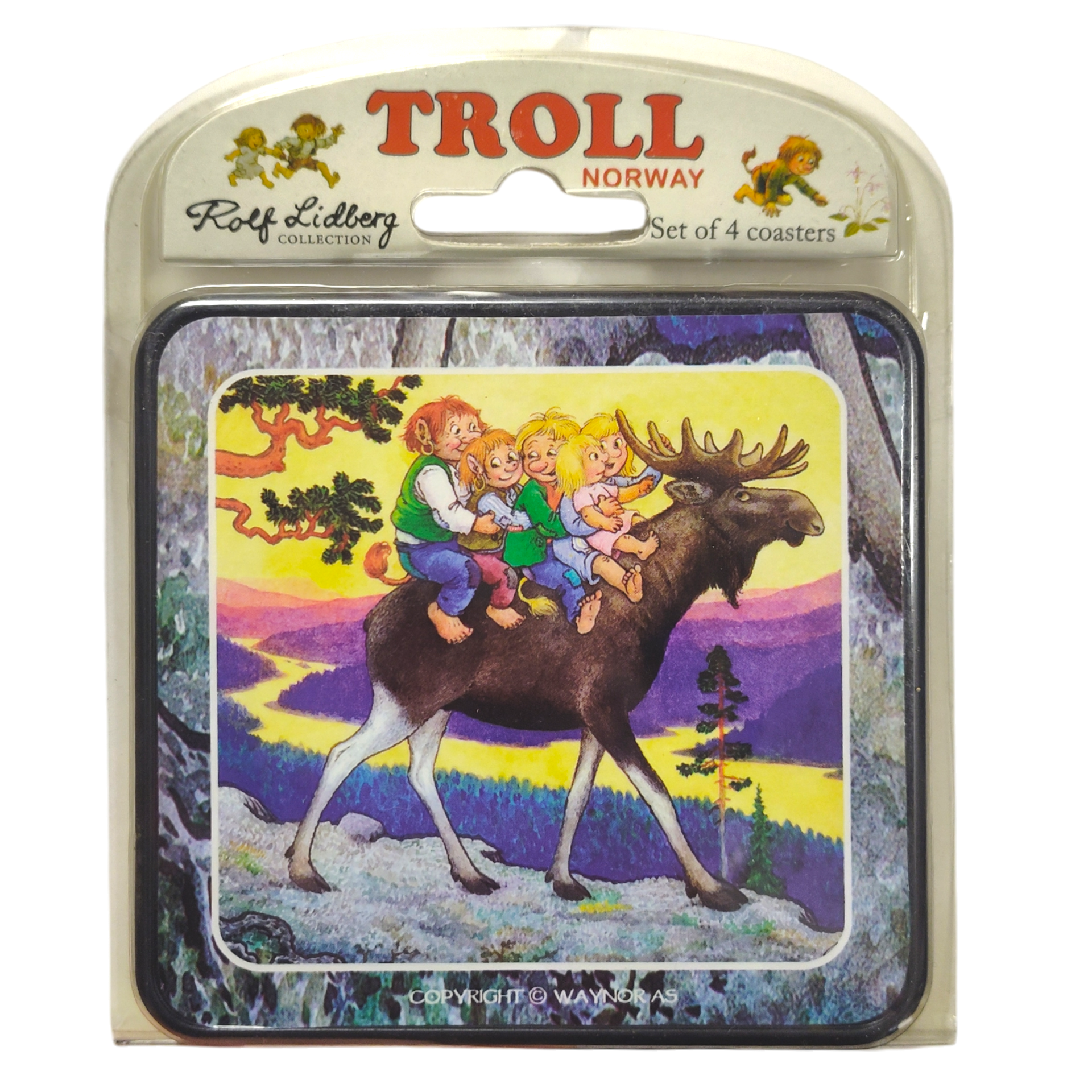 The Coasters: Troll Norway Rolf Lidberg Collection (4-Pack) features vibrant art of three children riding a moose through a forest—an ideal Scandinavian folklore gift for fans of whimsical designs.