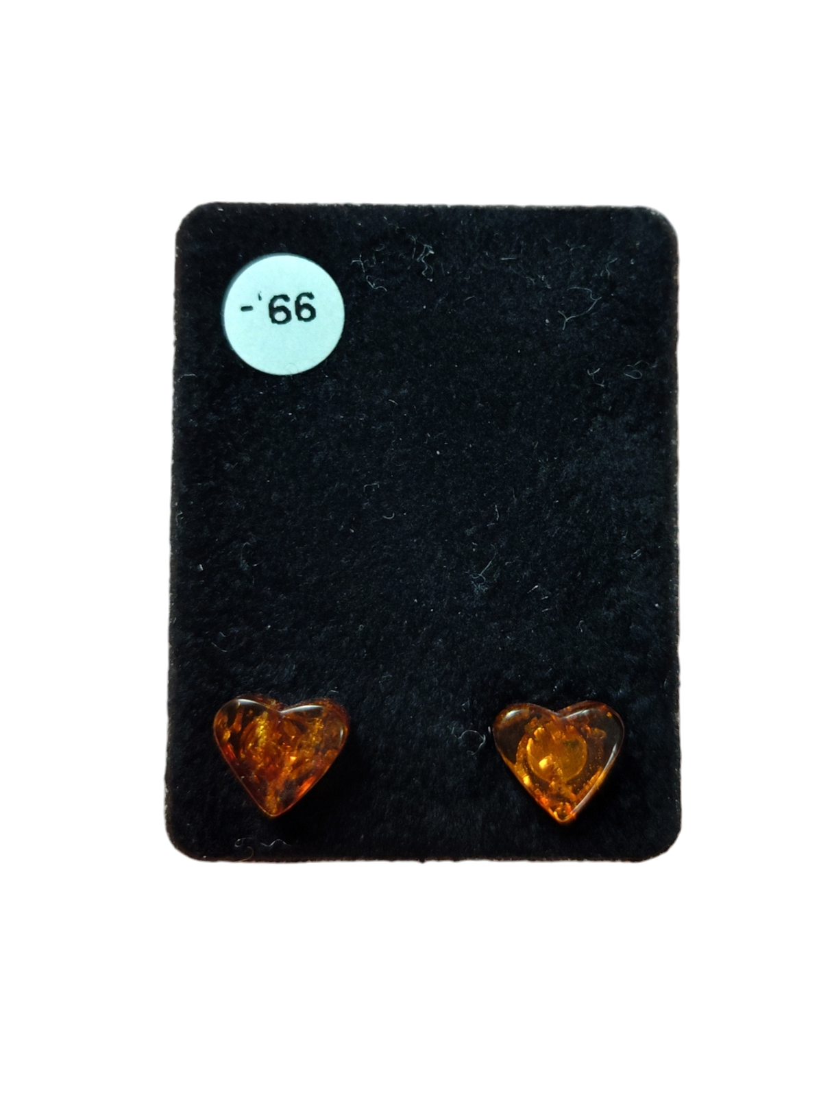A pair of Heart-Shaped Amber Stud Earrings is displayed on a black card with a white sticker labeled -66.