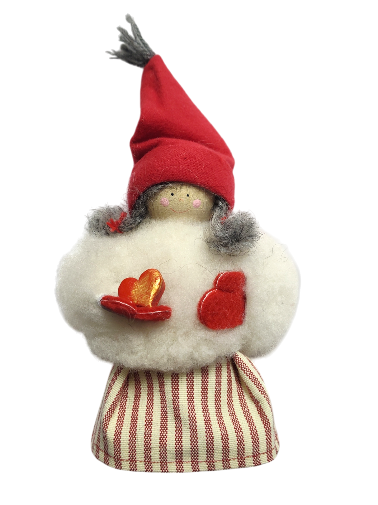 The Figurine: Sheepskin Tomte "Gnome" Holding a Heart features a small Scandinavian gnome with a red hat, gray braids, and fluffy white top—ideal Swedish table decor.