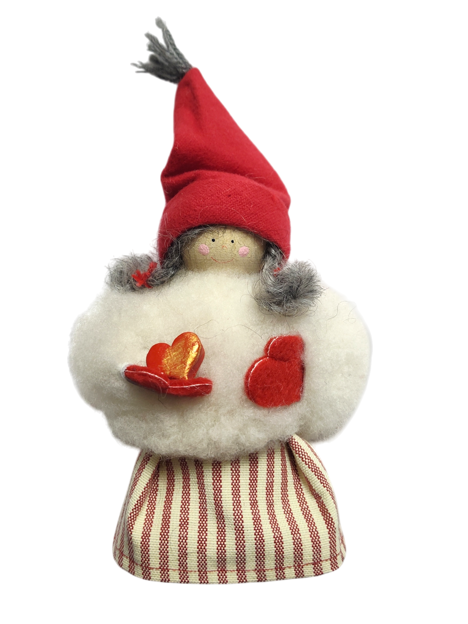 The Figurine: Sheepskin Tomte with Heart features a small plush gnome with a red hat, white fuzzy body, striped base, and holds red and gold heart shapes with a red heart patch decoration.