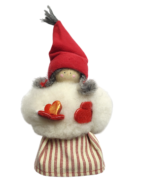 The Figurine: Sheepskin Tomte "Gnome" Holding a Heart features a small Scandinavian gnome with a red hat, gray braids, and fluffy white top—ideal Swedish table decor.