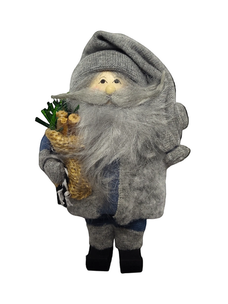 A gray Woodland Tomte figurine with a wool mustache and beard, carrying a burlap bag with firewood—ideal for Scandinavian Christmas decor.