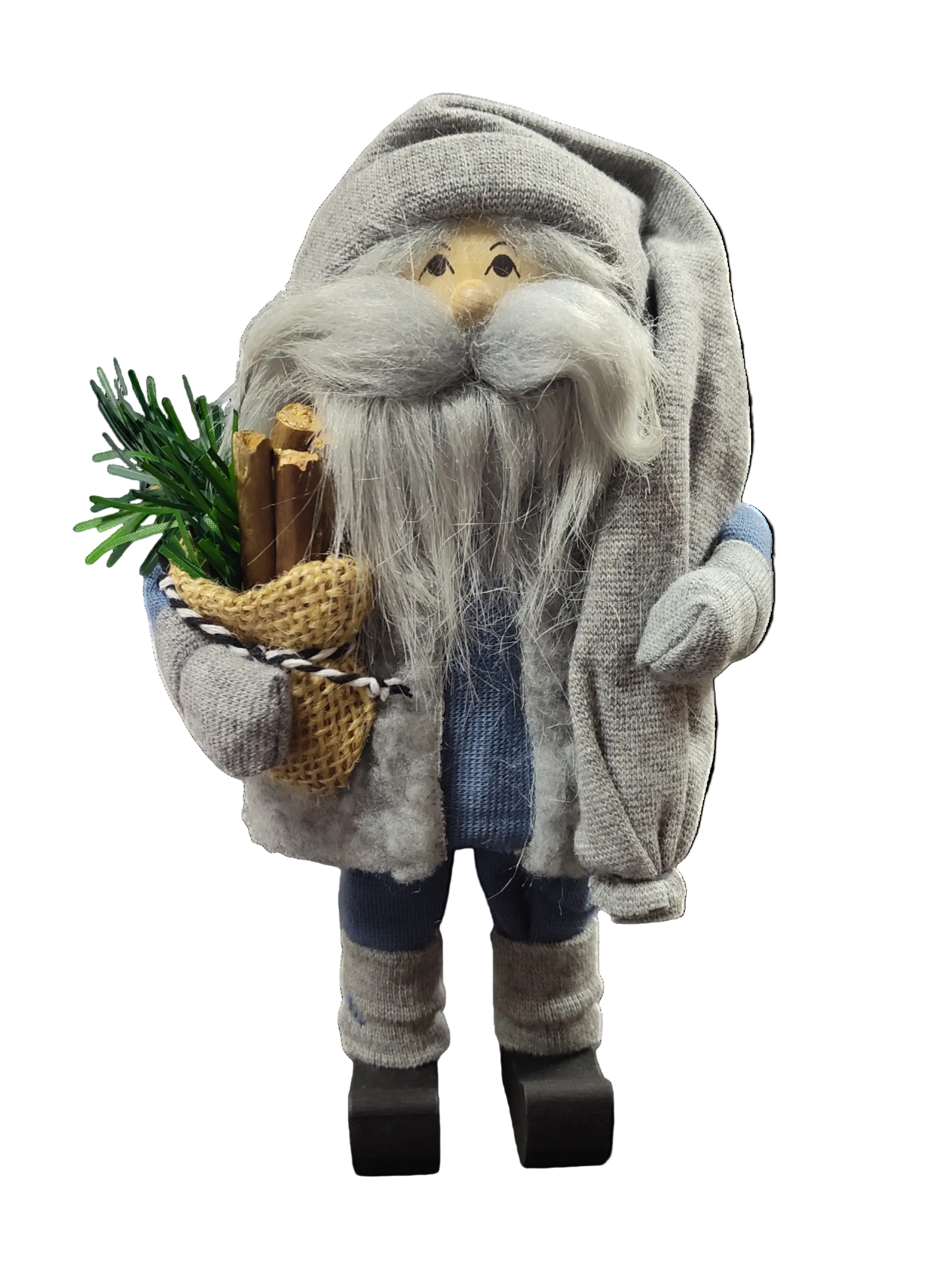 The Woodland Tomte figurine features a handmade Swedish gnome with a wool mustache and beard, gray clothes, and a burlap bag filled with firewood—perfect as Scandinavian Christmas decor.