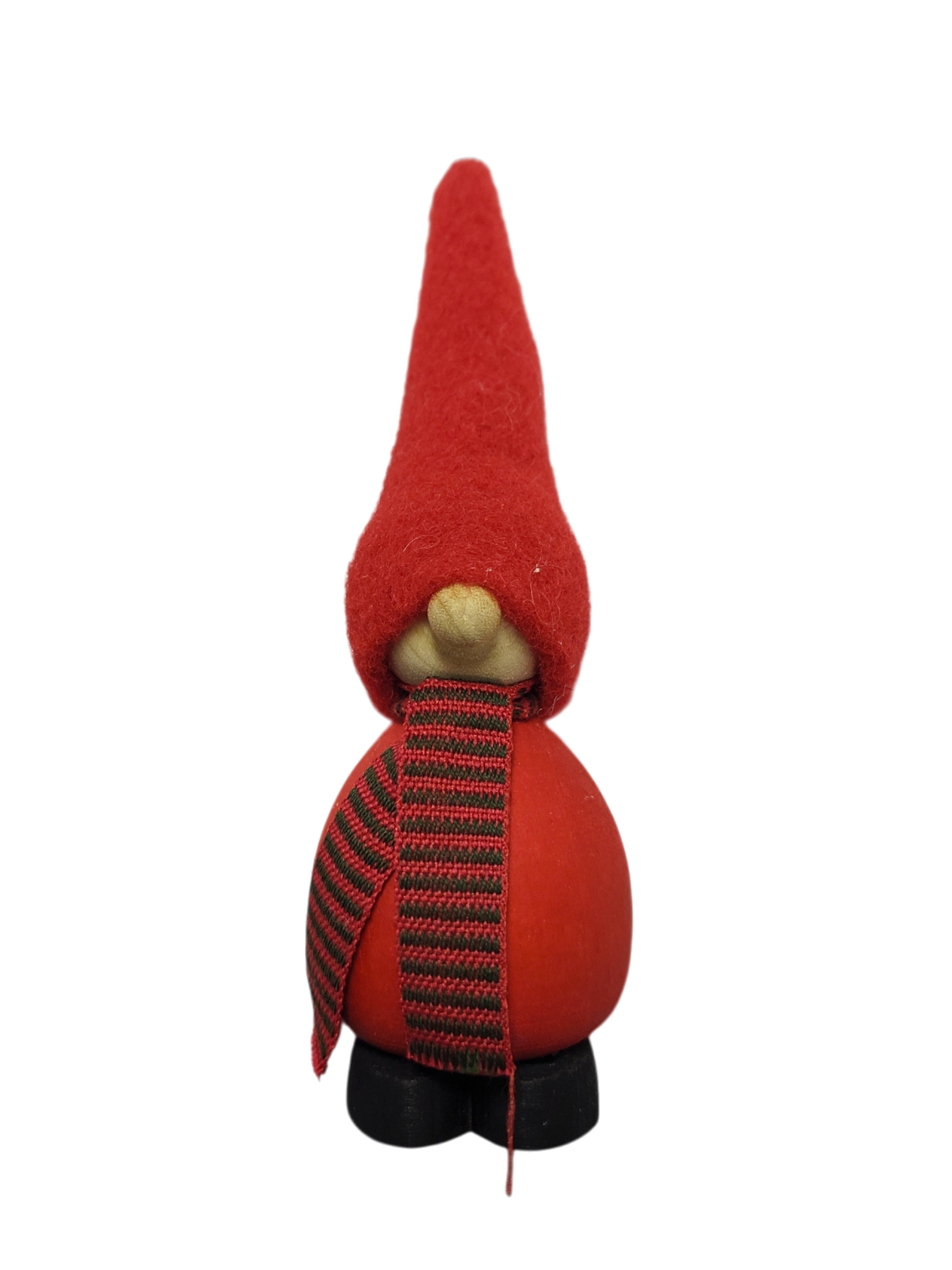 The "Gnome Figurine with Red Hat" features a tall red hat, round red body, wooden nose, black shoes, and a striped scarf—perfect as charming handmade Swedish Christmas decor.