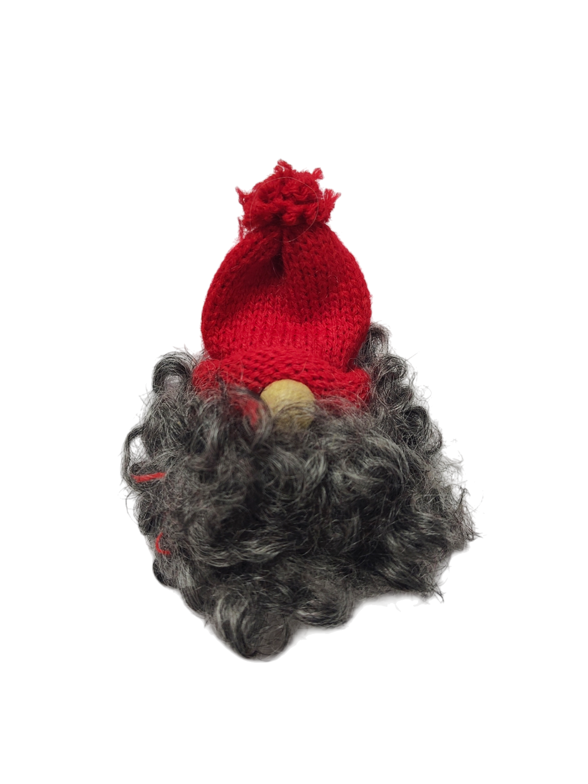 The "Tomte Figurine with Red Knit Hat & Soft Wool Body with Wood Nose" features a red knit hat, gray curly beard, and round wooden nose—ideal Scandinavian Christmas decor, photographed on a white background.