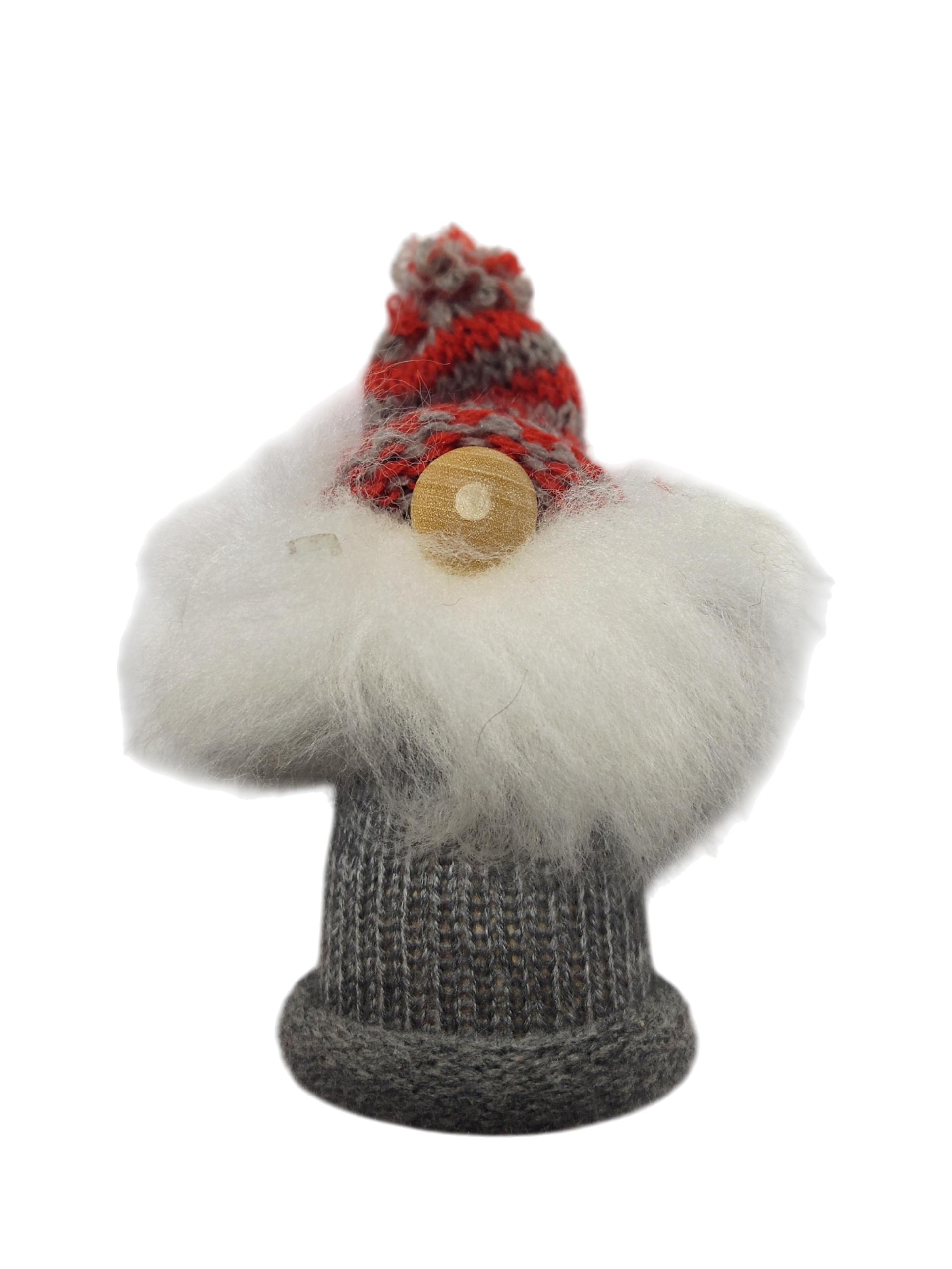 This Tomte Figurine features a gray and red knit striped hat and soft wool beard, adding Scandinavian Christmas charm to your decor against a crisp white background.