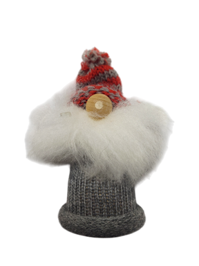 This Tomte Figurine features a gray and red knit striped hat and soft wool beard, adding Scandinavian Christmas charm to your decor against a crisp white background.