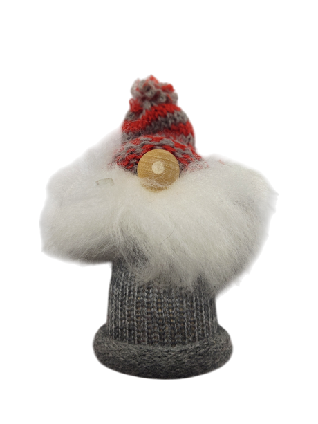 This Tomte Figurine features a gray and red knit striped hat and soft wool beard, adding Scandinavian Christmas charm to your decor against a crisp white background.