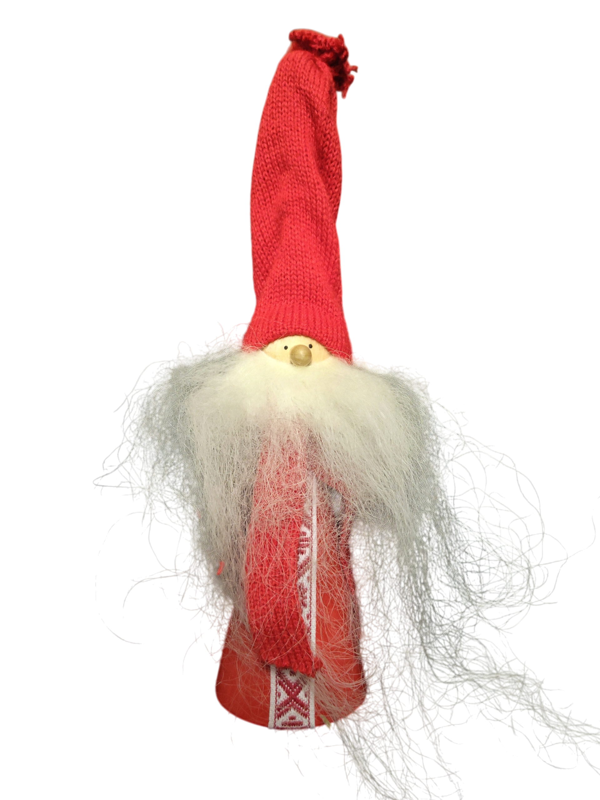 The Tomte Figurine features a tall knit red hat, wool beard, and Scandinavian embroidered design—perfect festive decor for Christmas, shown against a plain white background.