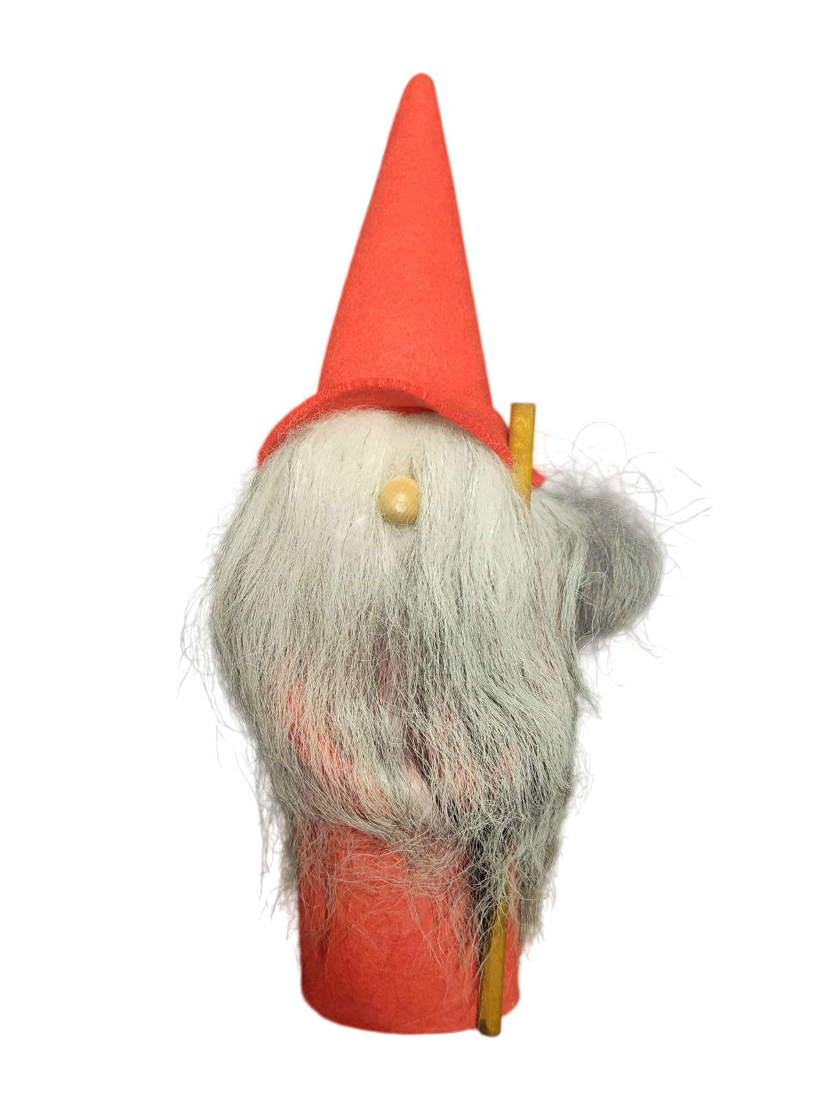 Figurine: Gnome with Tall Red Hat—a small gnome with a long white beard, red hat and body, holding a yellow stick; perfect for giving your holiday décor a whimsical touch.