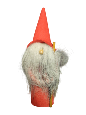Figurine: Gnome with Tall Red Hat—a small gnome with a long white beard, red hat and body, holding a yellow stick; perfect for giving your holiday décor a whimsical touch.