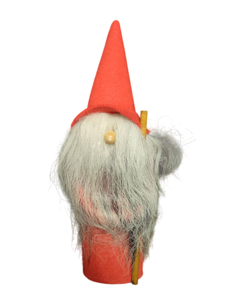 Figurine: Gnome with Tall Red Hat—a small gnome with a long white beard, red hat and body, holding a yellow stick; perfect for giving your holiday décor a whimsical touch.