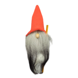 The Tomte figurine is a handmade Scandinavian Santa with a tall red hat, long grey beard, round nose, and holds a long wooden stick. Stands 10.5" tall.