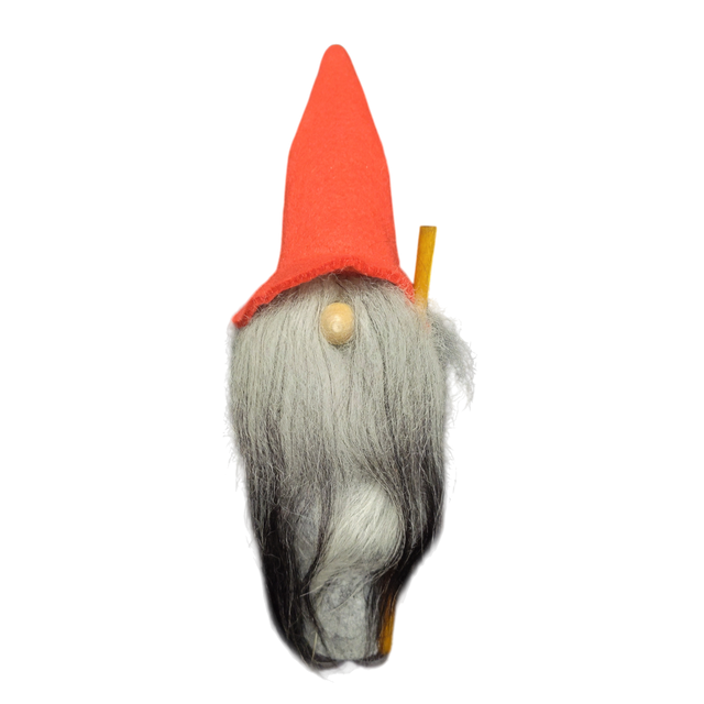 The Tomte figurine is a handmade Scandinavian Santa with a tall red hat, long grey beard, round nose, and holds a long wooden stick. Stands 10.5" tall.