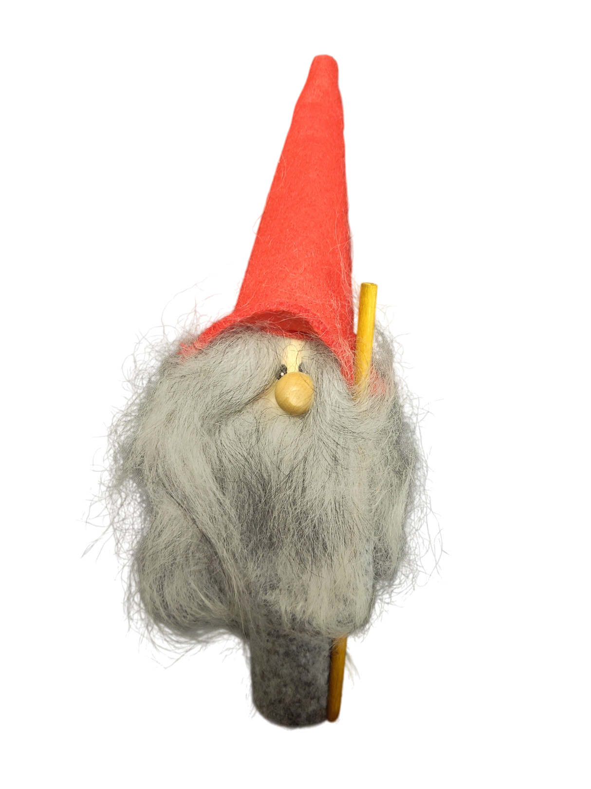 The Figurine: Tomte - Santa with Tall Red Hat holding a Long Stick (10.5" tall) is a charming Swedish decoration featuring a red hat, wooden nose, and long gray beard—an adorable tomte for your home.