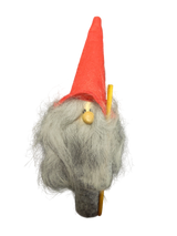 The Figurine: Tomte - Santa with Tall Red Hat holding a Long Stick (10.5" tall) is a charming Swedish decoration featuring a red hat, wooden nose, and long gray beard—an adorable tomte for your home.