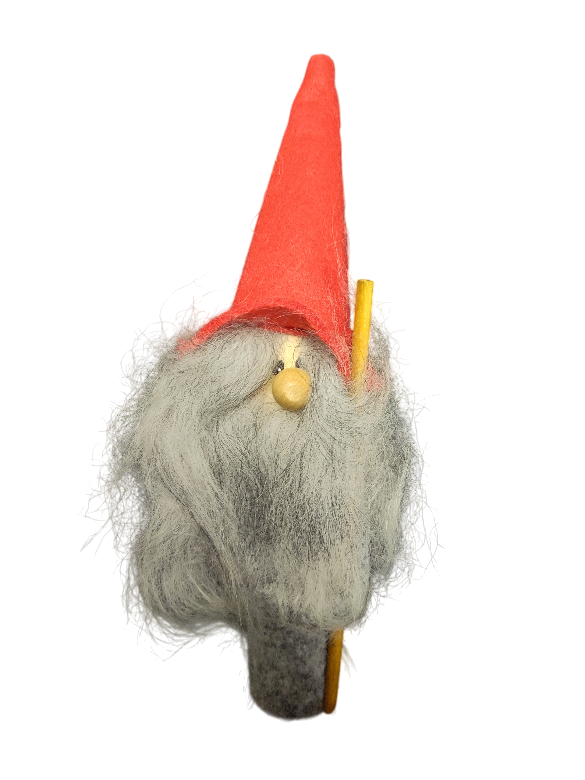 The Figurine: Gnome with Tall Red Hat features a small gnome with a long gray beard, round wooden nose, red hat, and staff—perfect for charming holiday décor. Set against a plain white background.