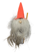 The Tomte - Santa with Tall Red Hat holding a Long Stick is a 10.5” tall handcrafted Swedish figurine, featuring a long gray beard, round wooden nose, and a slender stick in hand.