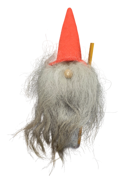 The Figurine: Gnome with Tall Red Hat 11" Tall features a long gray beard, tall red hat, and wooden stick, making it perfect whimsical holiday décor. Shown isolated on a white background.