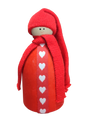 The Santa Figurine with Red Hat features a wooden doll adorned with a red knit hat and scarf and a white heart pattern, adding charming Scandinavian Christmas flair to your holiday table decor.