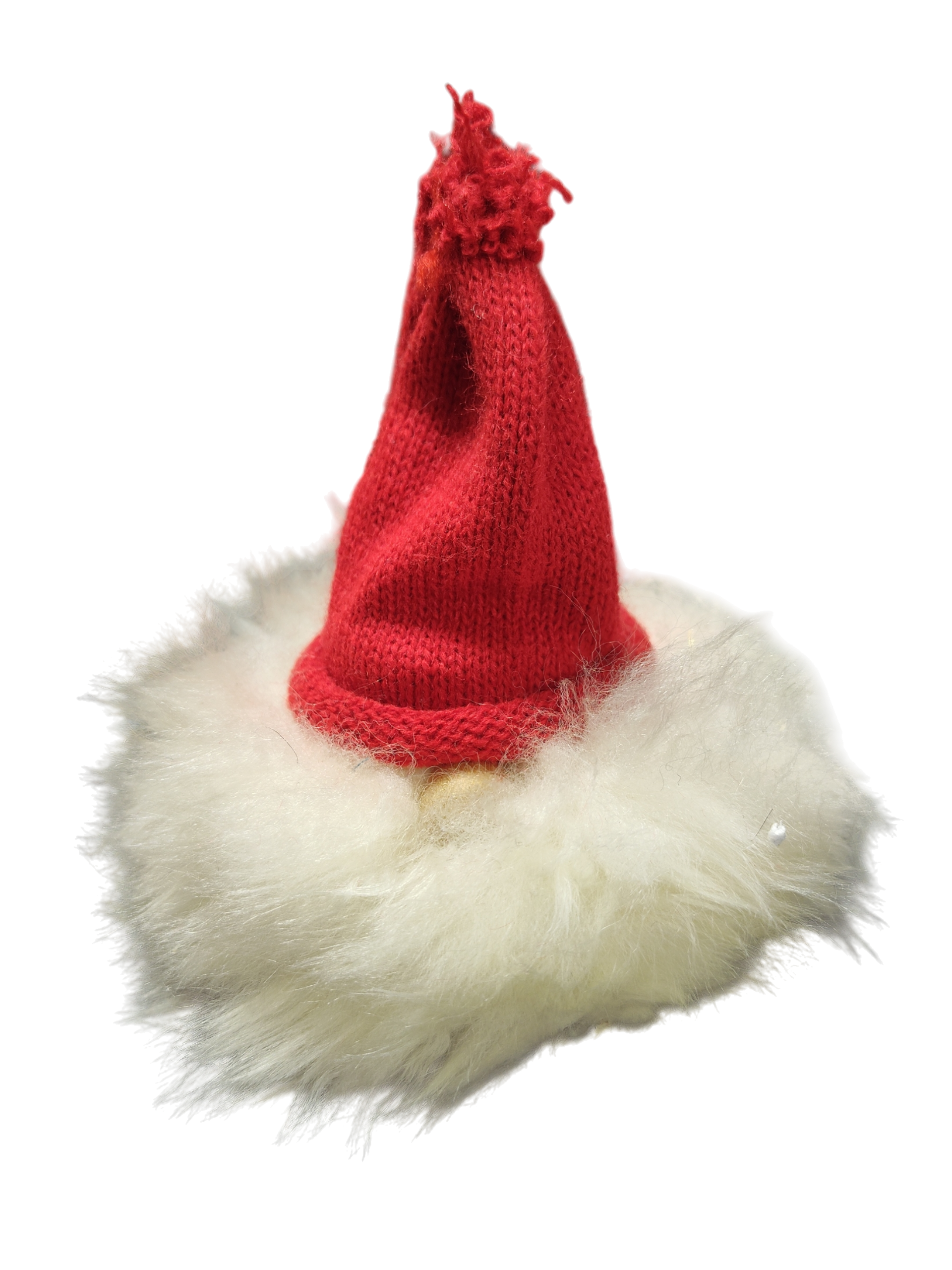 A Figurine: Gnome with Red Hat featuring a small red knit Santa hat with a white faux fur brim and frayed red tip, ideal for Christmas decor or accessorizing, displayed on a plain white background.