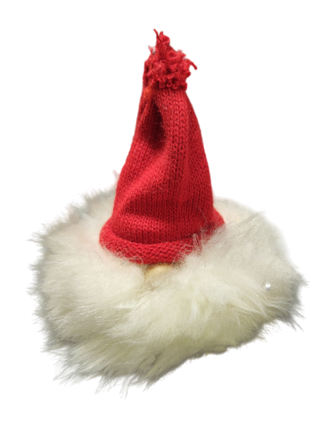 The "Figurine: Tomte - Santa with Red Hat" adds festive charm to your Christmas decor with its Sweden-inspired red knitted hat, fluffy white brim, and pom-pom—perfect as a handmade holiday accent, isolated on a white background.