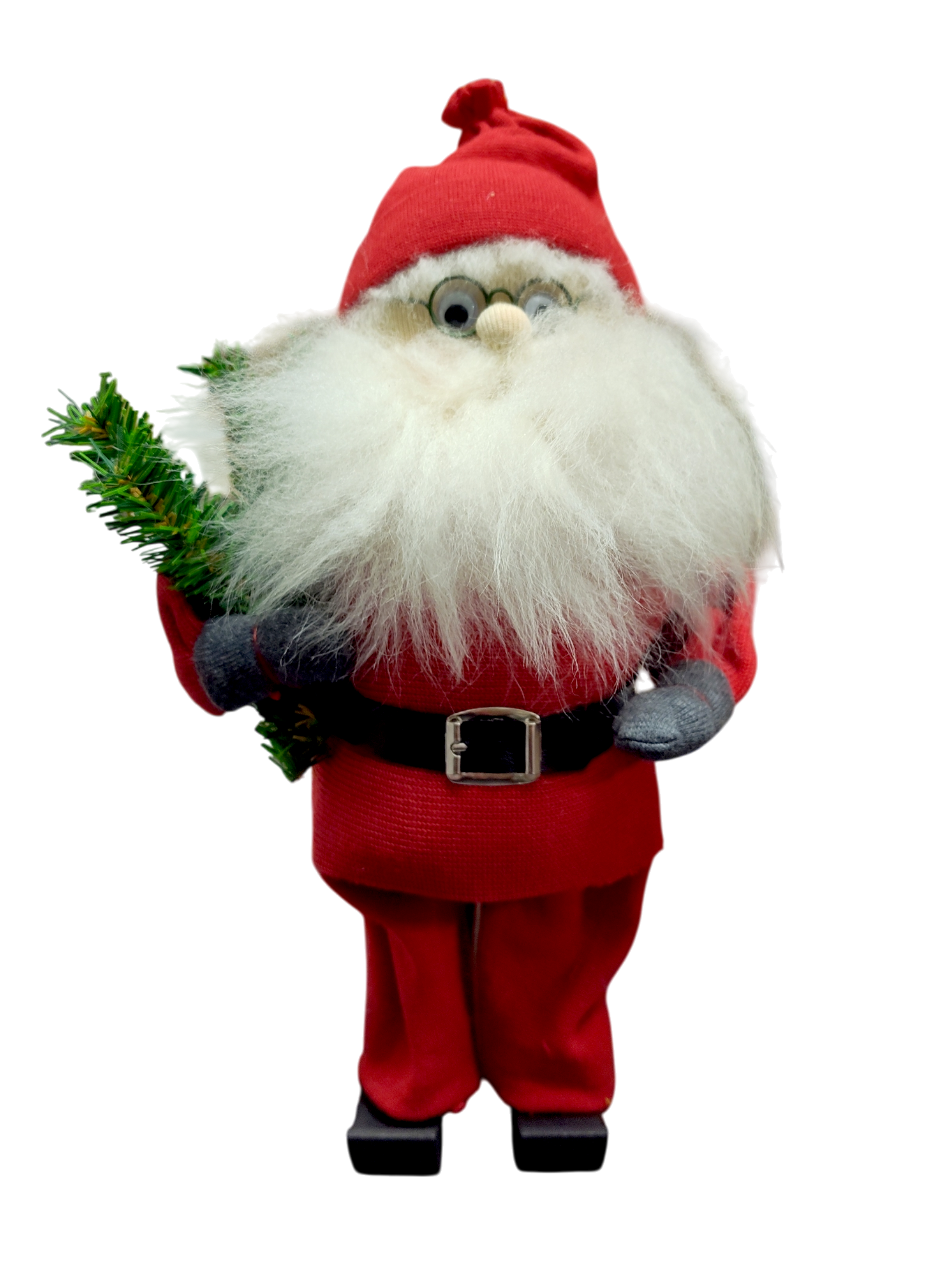 The Figurines: Santa Figurine 12" is a classic knit Santa, handmade in Sweden, featuring a white beard, red outfit, black belt, and holding a small artificial green tree.
