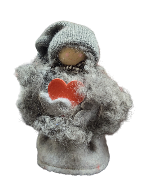 The Figurine: Santa Girl with Heart is a small, handmade Swedish decoration featuring a gray knitted hat, fuzzy gray clothes, and a red heart—perfect for adding Scandinavian charm to your décor.