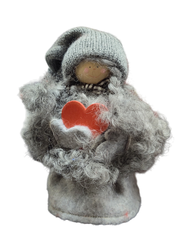 The Figurine: Santa Girl with Heart is a small, handmade Swedish decoration featuring a gray knitted hat, fuzzy gray clothes, and a red heart—perfect for adding Scandinavian charm to your décor.