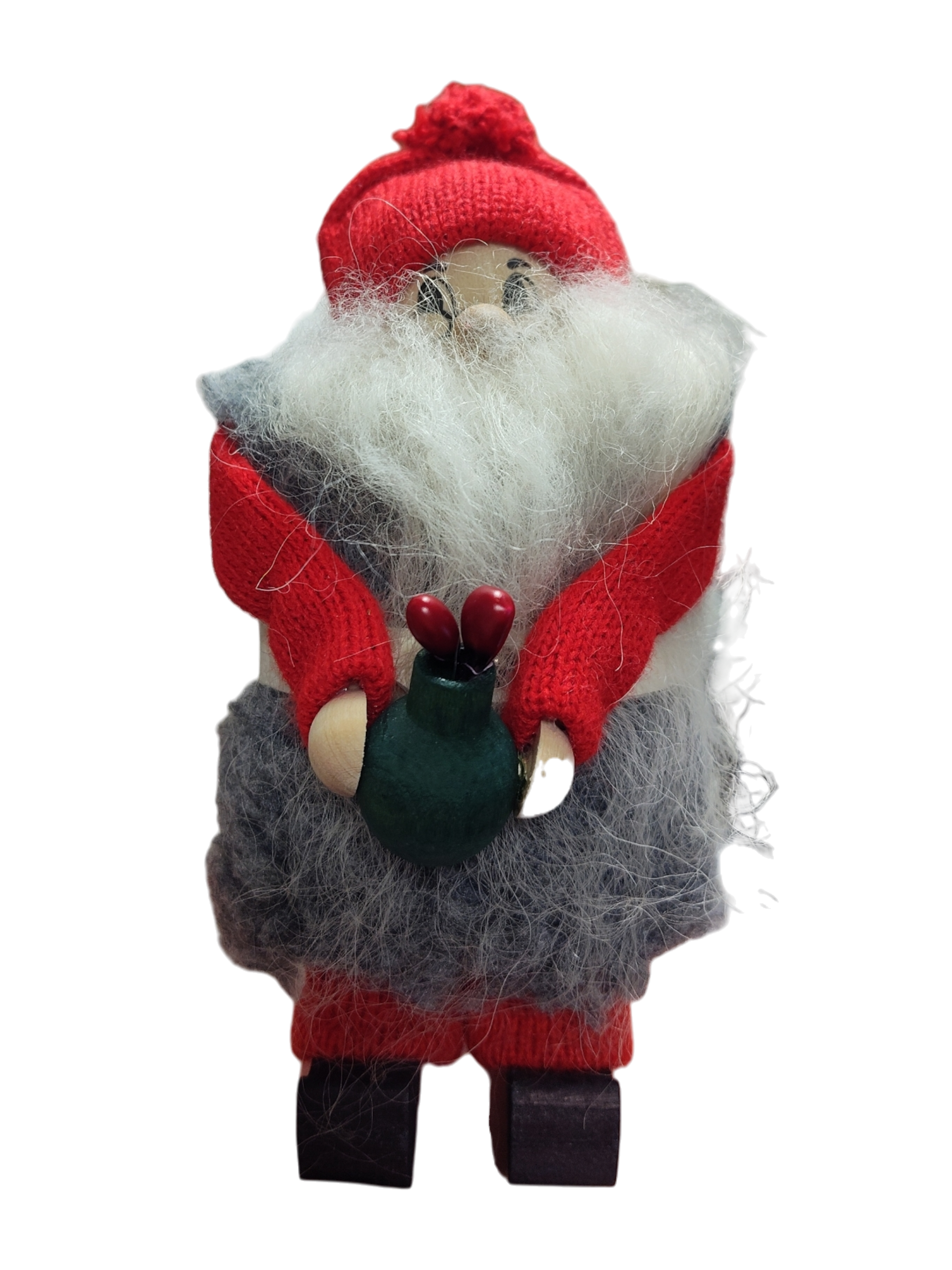 A handmade holiday décor piece, Figurine: Santa with Flower Pot features Santa in red and gray with a green sack holding two red objects, standing upright.