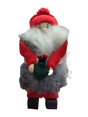 A handmade holiday décor piece, Figurine: Santa with Flower Pot features Santa in red and gray with a green sack holding two red objects, standing upright.
