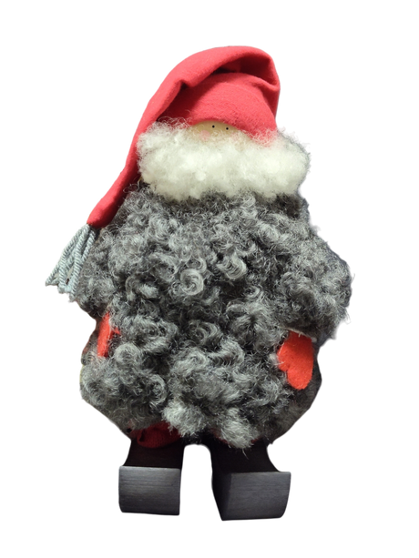 The Santa Figurine 11" features a handmade Swedish design with a red hat, curly gray beard, red mittens, and wooden shoes—ideal for holiday decor. It stands upright against a white background.