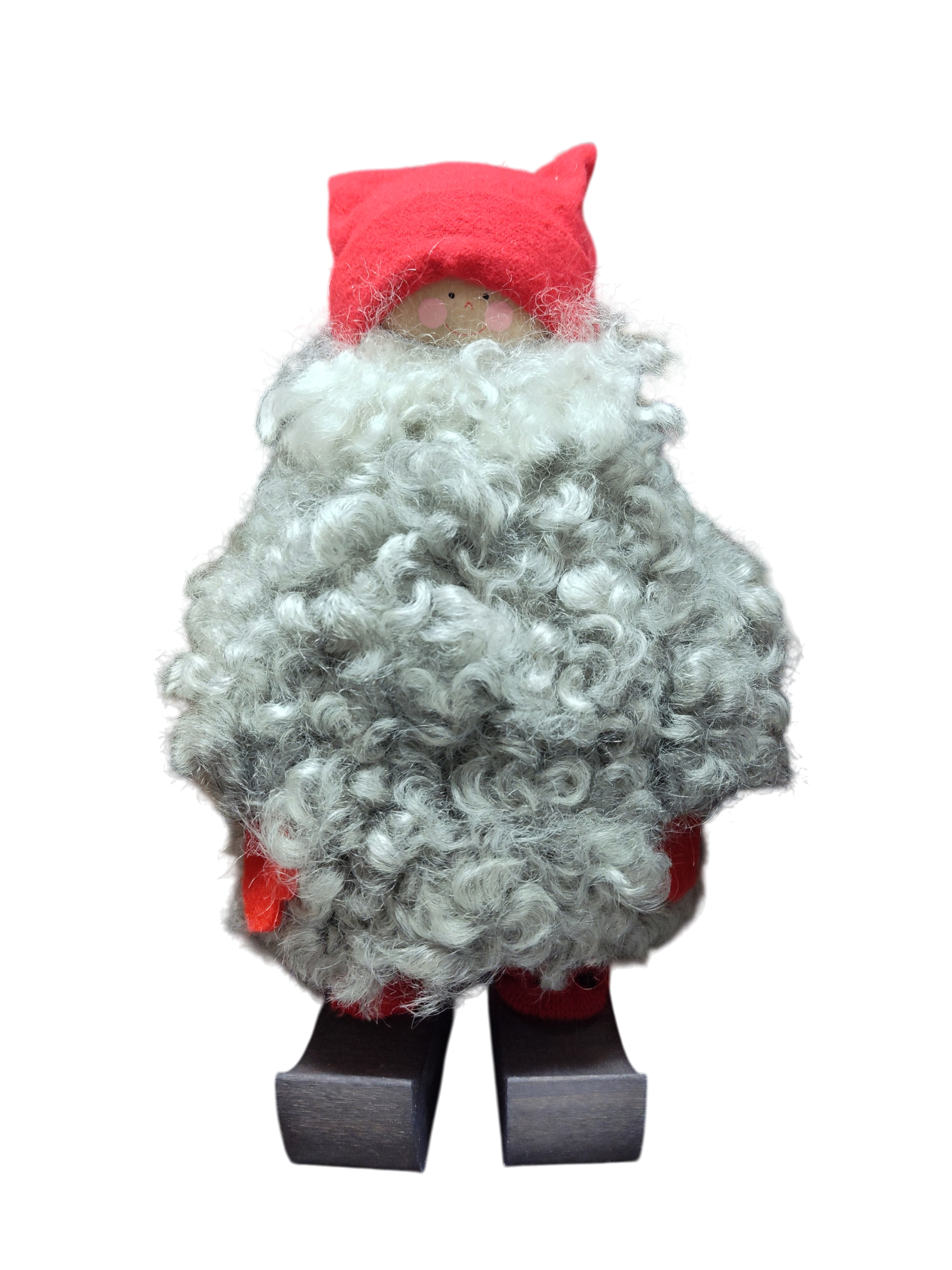 The Santa Figurine 11" features a curly gray beard, red hat and sleeves, and wooden shoes—an ideal holiday decor piece—displayed on a white background.