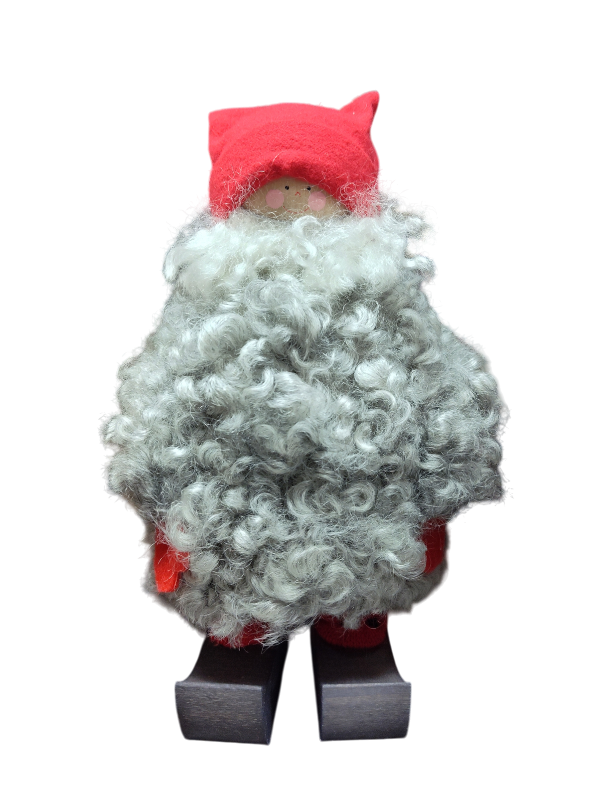 The Santa Figurine 11" features a curly gray beard, red hat and sleeves, and wooden shoes—an ideal holiday decor piece—displayed on a white background.
