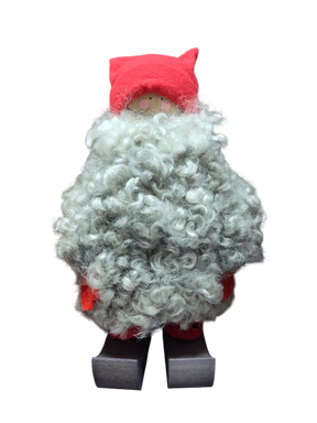 The Santa Figurine 11" features a curly gray beard, red hat and sleeves, and wooden shoes—an ideal holiday decor piece—displayed on a white background.