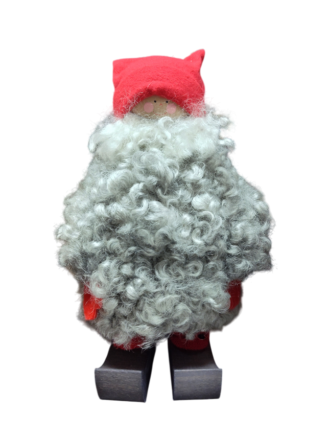The Santa Figurine 11" features a curly gray beard, red hat and sleeves, and wooden shoes—an ideal holiday decor piece—displayed on a white background.