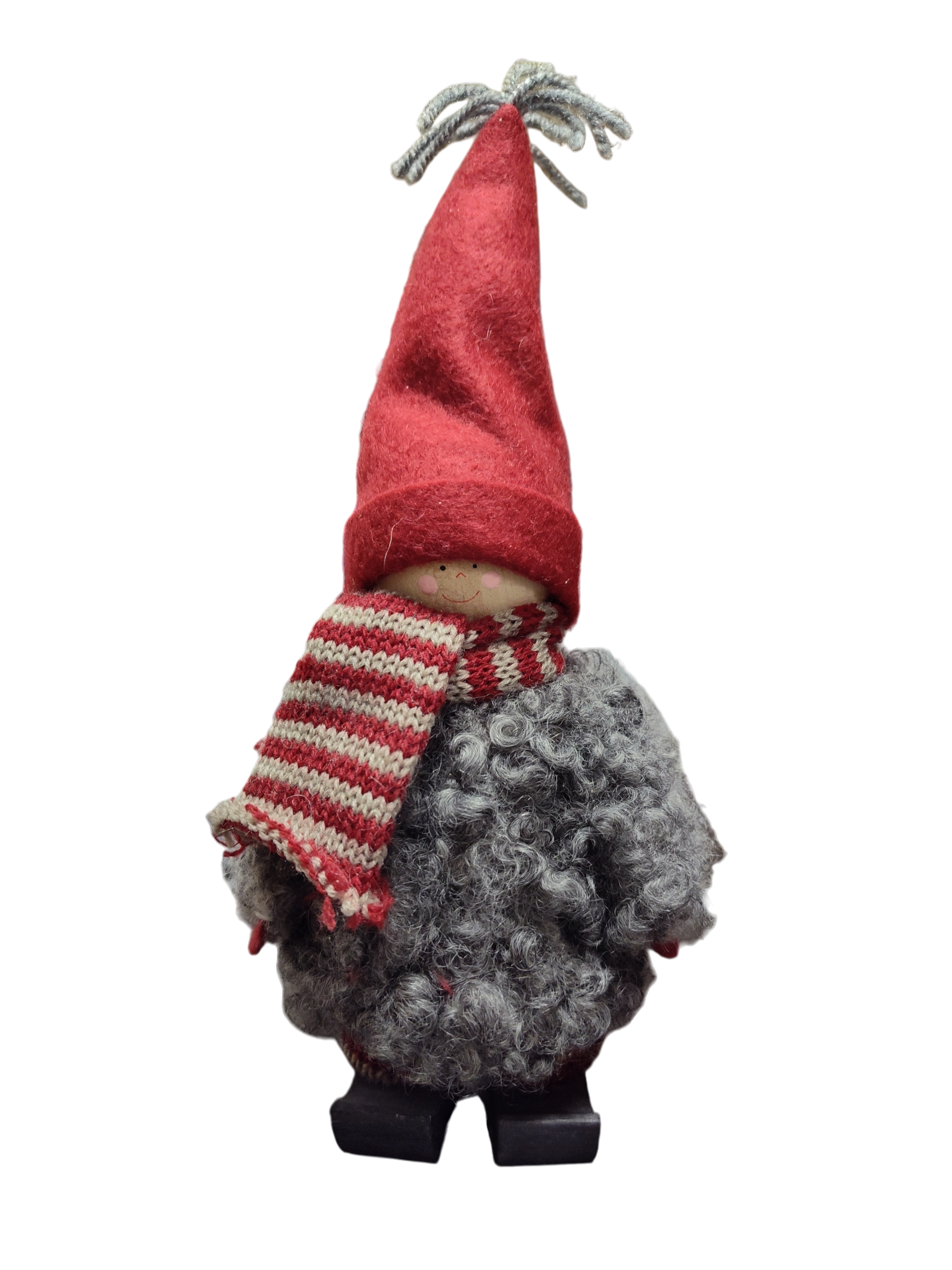 The Santa Boy and Girl Figurine 11" features plush details—a red pointed hat, striped scarf, gray curly body, and black boots—perfect Scandinavian-inspired holiday decor for any space.