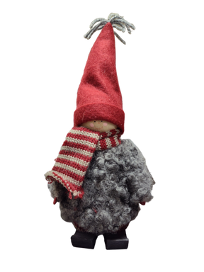 The Santa Boy and Girl Figurine 11" features plush details—a red pointed hat, striped scarf, gray curly body, and black boots—perfect Scandinavian-inspired holiday decor for any space.