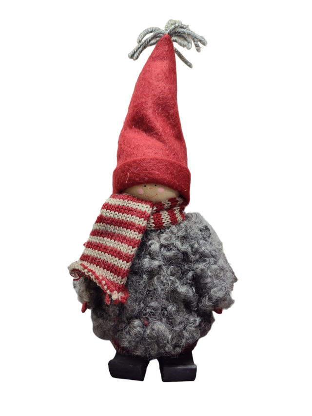 The Santa Boy and Girl Figurine 11" features plush details—a red pointed hat, striped scarf, gray curly body, and black boots—perfect Scandinavian-inspired holiday decor for any space.