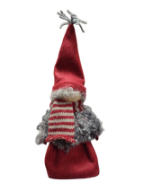 The Santa Boy and Girl Figurine 11" features charming characters with tall red hats, curly gray beards, and red-and-white scarves—ideal as a Scandinavian holiday decor accent, displayed front-facing on a white background.