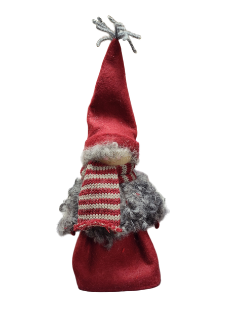 The Santa Boy and Girl Figurine 11" features charming characters with tall red hats, curly gray beards, and red-and-white scarves—ideal as a Scandinavian holiday decor accent, displayed front-facing on a white background.