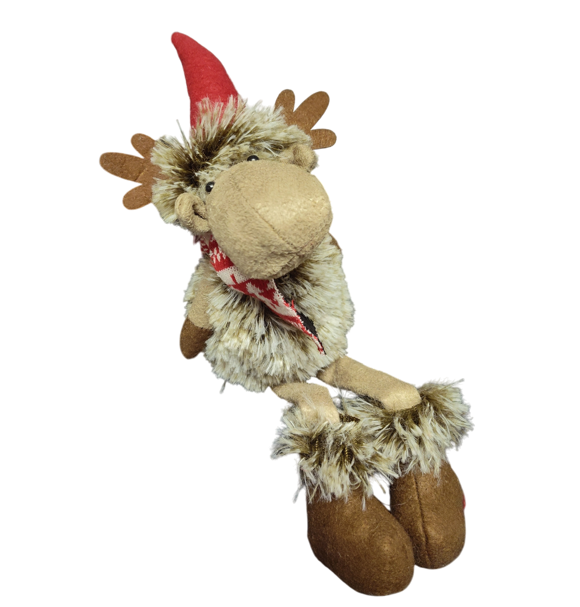The Figurine: Moose with Red Hat features a plush moose in a red hat, faux fur accents, and a red-and-white scarf, sitting with extended legs—an adorable seasonal accent for your festive decor.