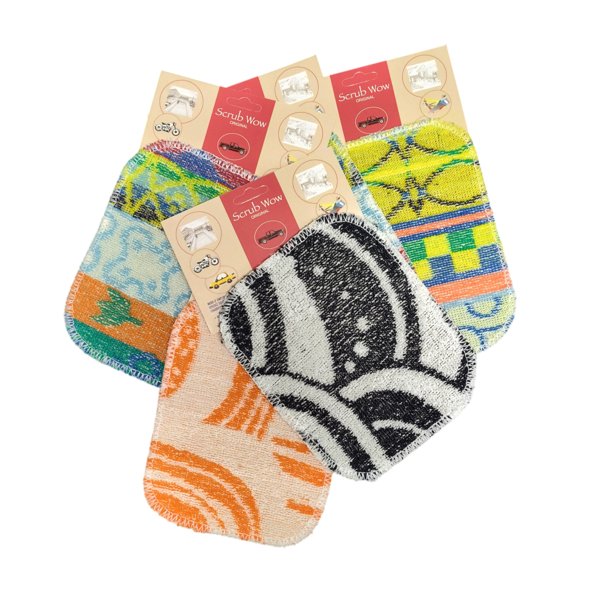Four vibrant Scrub: Kitchen Scrubber Scrub-Wow pads in assorted patterns and packaging, overlapping on a white background. Safe for Teflon cookware and easy to clean.