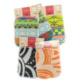 Six Scrub: Kitchen Scrubber Scrub-Wow pads in assorted patterns and colors, each with a brown and red label, shown on a white background. These multipurpose pads are safe for Teflon cookware and easy to clean.