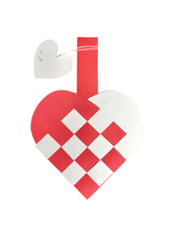 A Card: Danish Flag Traditional Scandinavian Handwoven Paper Basket Heart ornament, red and white with a handle and heart-shaped “To/From” gift tag, inspired by classic Scandinavian basket designs.