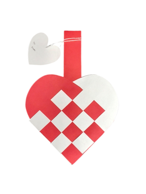 A Card: Danish Flag Traditional Scandinavian Handwoven Paper Basket Heart ornament, red and white with a handle and heart-shaped “To/From” gift tag, inspired by classic Scandinavian basket designs.