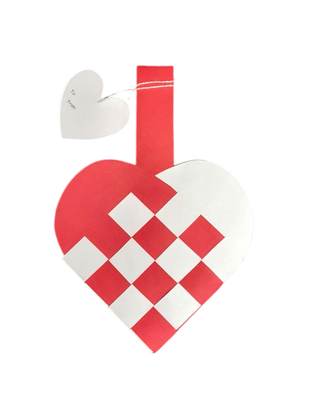 A Card: Danish Flag Traditional Scandinavian Handwoven Paper Basket Heart ornament, red and white with a handle and heart-shaped “To/From” gift tag, inspired by classic Scandinavian basket designs.