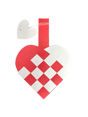 A Card: Danish Flag Traditional Scandinavian Handwoven Paper Basket Heart ornament, red and white with a handle and heart-shaped “To/From” gift tag, inspired by classic Scandinavian basket designs.