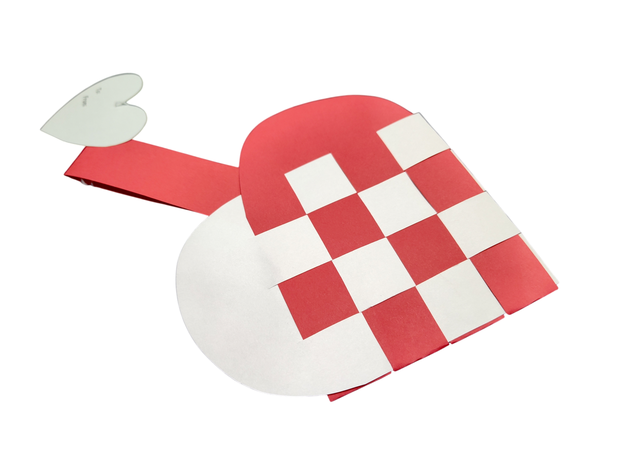 Card: Danish Flag Traditional Scandinavian Handwoven Paper Basket Heart, crafted from woven red and white strips with a red handle and accented by a small white heart, inspired by classic Scandinavian designs.